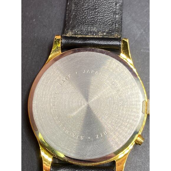 TIME Men's Quartz Wristwatch Gold Tone Stainless Steel Case Black Leather Band - Picture 8 of 9